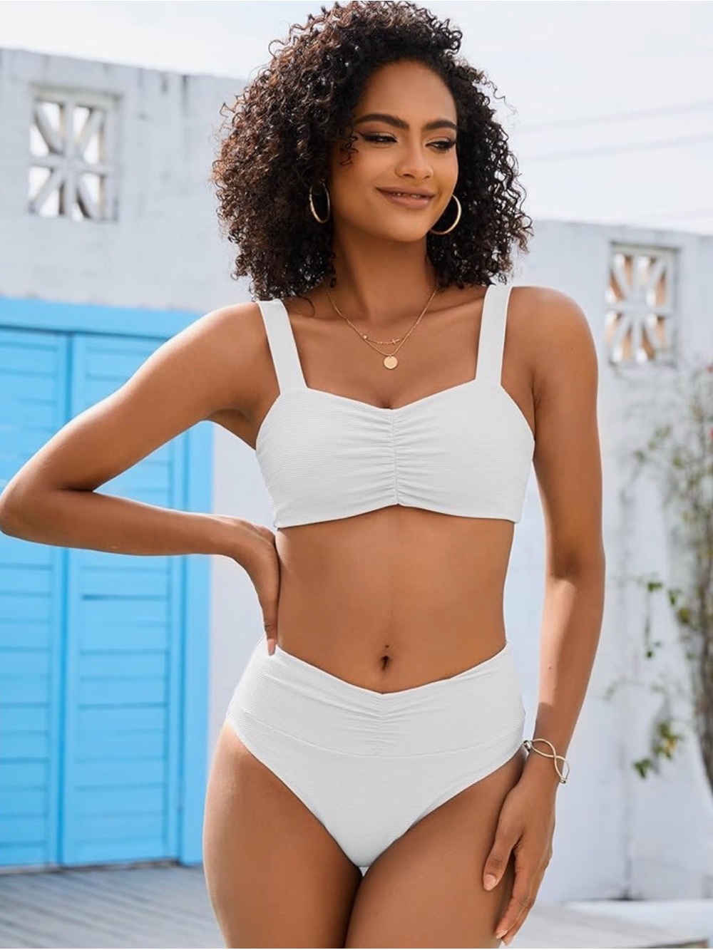 White High-Waist Ruched Bikini Set - Women Swim Bikini